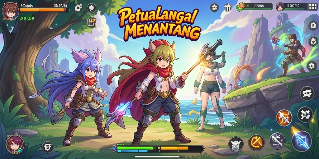 Tampilan gameplay 77RP dengan karakter anime yang beraksi.