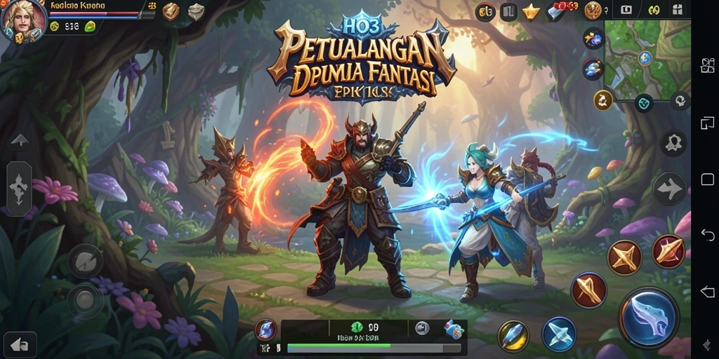 Screenshot gameplay HO3 yang menunjukkan pertarungan epik di dunia fantasi.