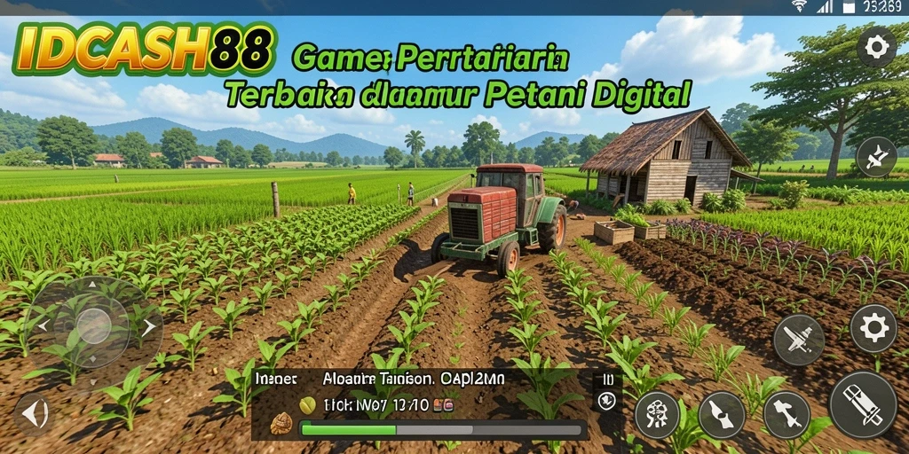 Tangkapan layar permainan IDCASH88 menampilkan lahan pertanian yang subur dan aktivitas bertani.