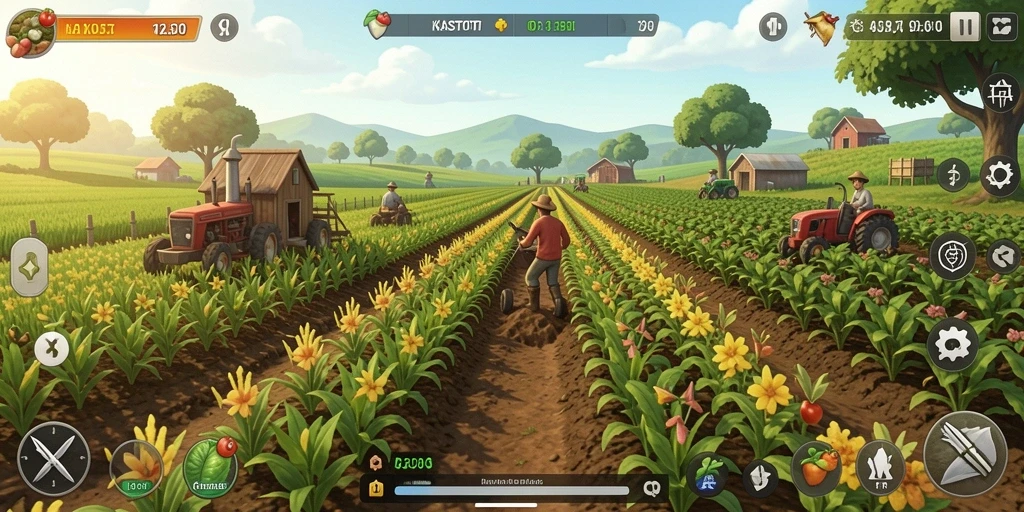 Tampilan gameplay KASTOTO dengan suasana pertanian yang asri.