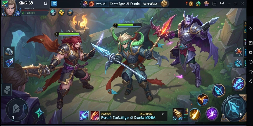 Gameplay KING138 dengan pertarungan epik di arena MOBA.