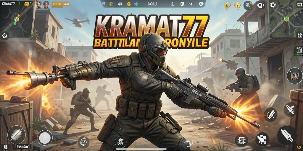 Screenshot gameplay KRAMAT77 menunjukkan aksi Battle Royale yang intens dan mendebarkan.