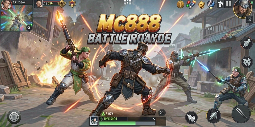 Screenshot gameplay MC888 yang penuh aksi dalam pertarungan Battle Royale.