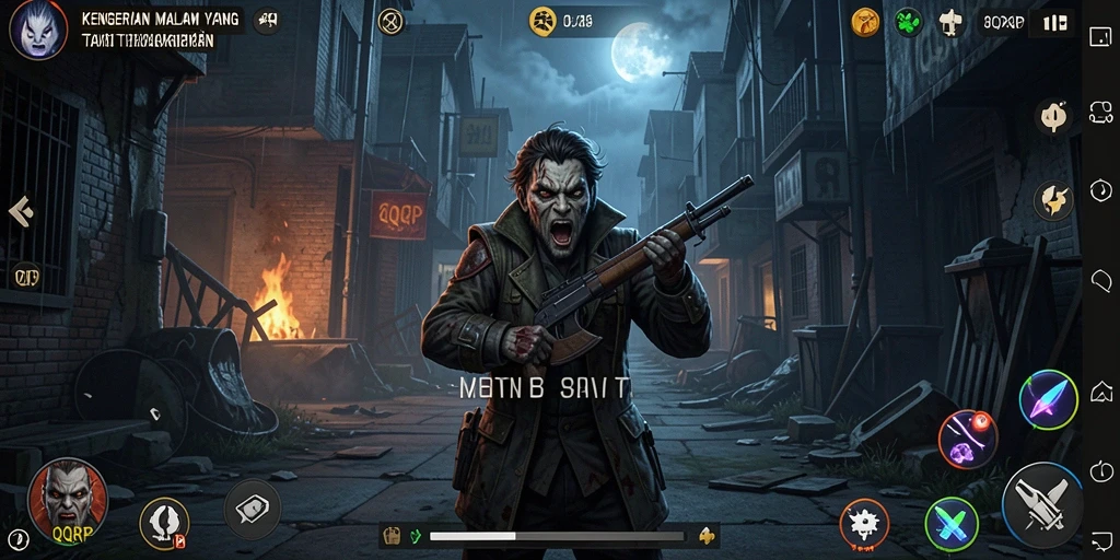 Tampilan gameplay QQRP dengan suasana horor yang mencekam.