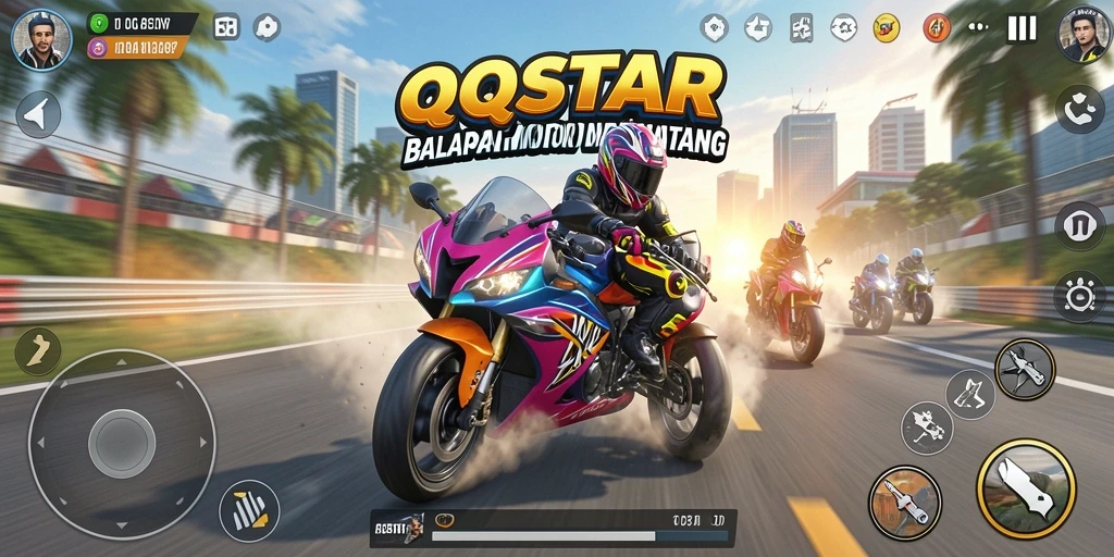 Tampilan gameplay mendebarkan dari QQSTAR di jalur balap motor.
