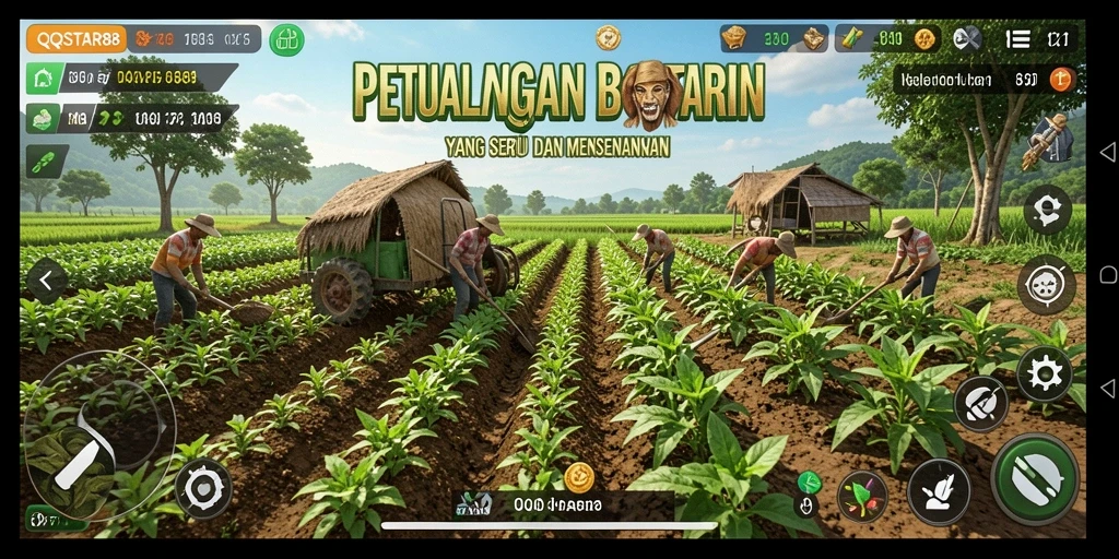 Gameplay QQSTAR88 yang menampilkan kebun yang subur dan tanaman berkembang.