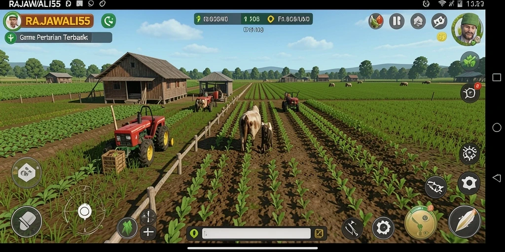 Tangkapan layar utama RAJAWALI55 menampilkan gameplay seru bertani.