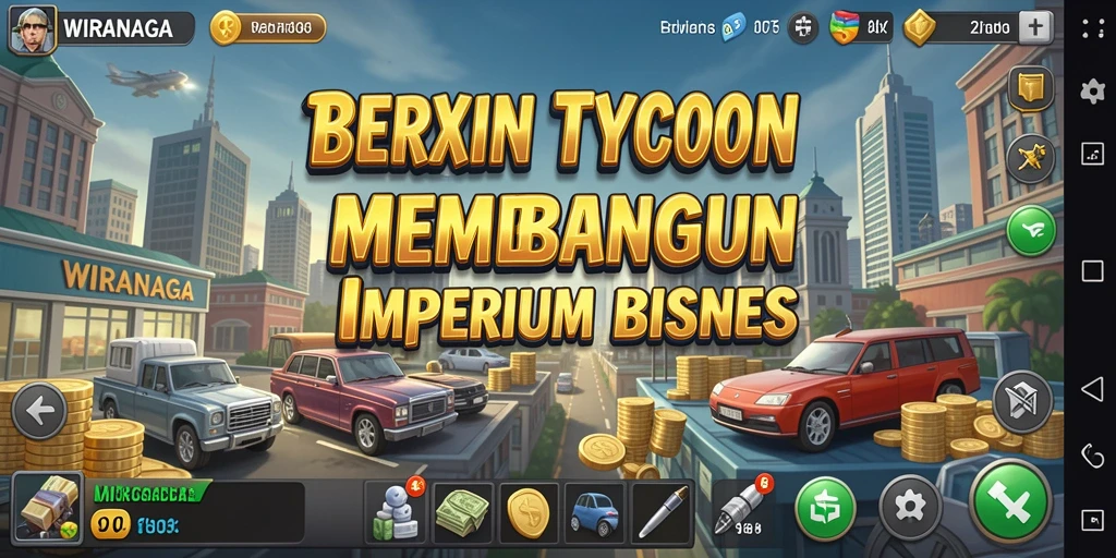 Tampilan gameplay seru dalam WIRANAGA, membangun imperium bisnis Anda.
